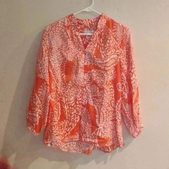 Tops - Womens Chico's button down orange and white paisley blouse size 4